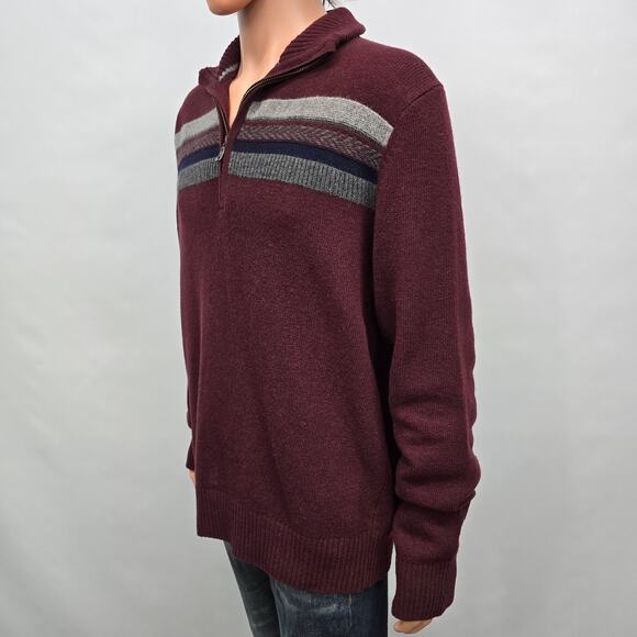 BANANA REPUBLIC Quarter 1/4 Zip Sweater Wool Italian Yarn Men L Burgundy Striped - Picture 7 of 13